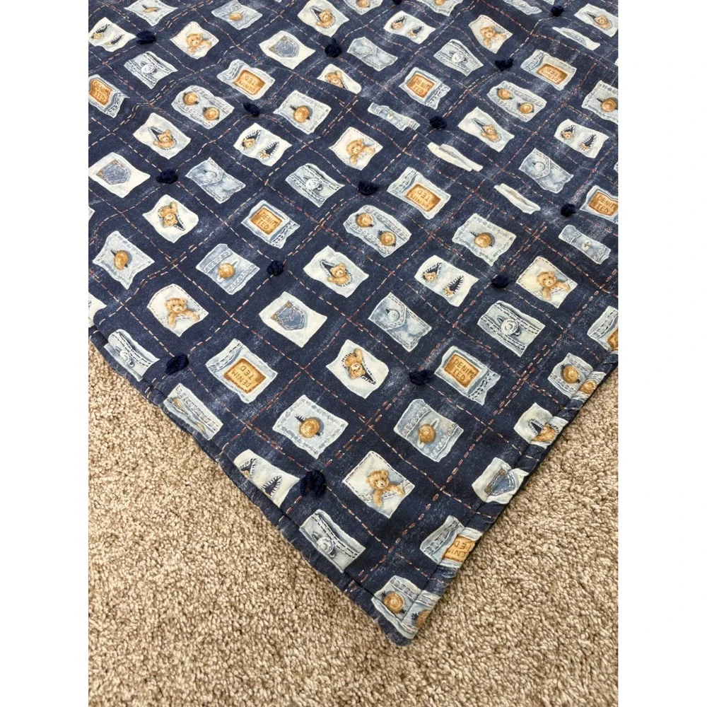 Vtg 1996 Denim Ted Bear Pockets ‎ Baby Blanket Navy Blue 32x40